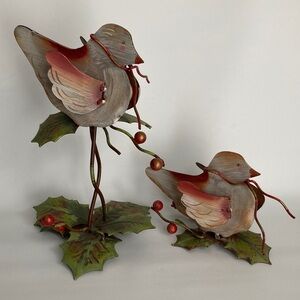Two Festive Metal Birds with Holly Accents